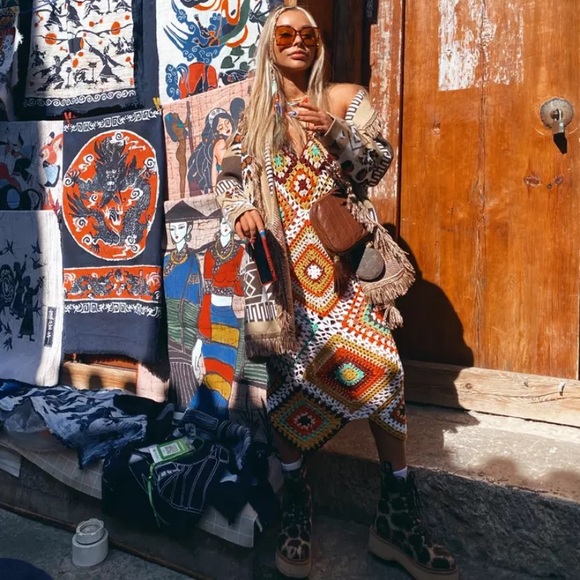 SOLD OUT Boho Handmade Multi Color Crochet Coverup Dress - Picture 3 of 13